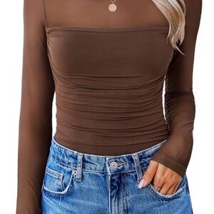NEW Elegant Brown Sheer Long Sleeve Top